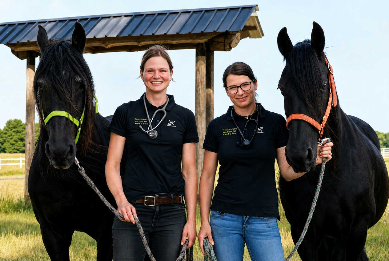 Tierärztinnen Franziska Golze und Anna Maria Willmann mit zwei Pferden